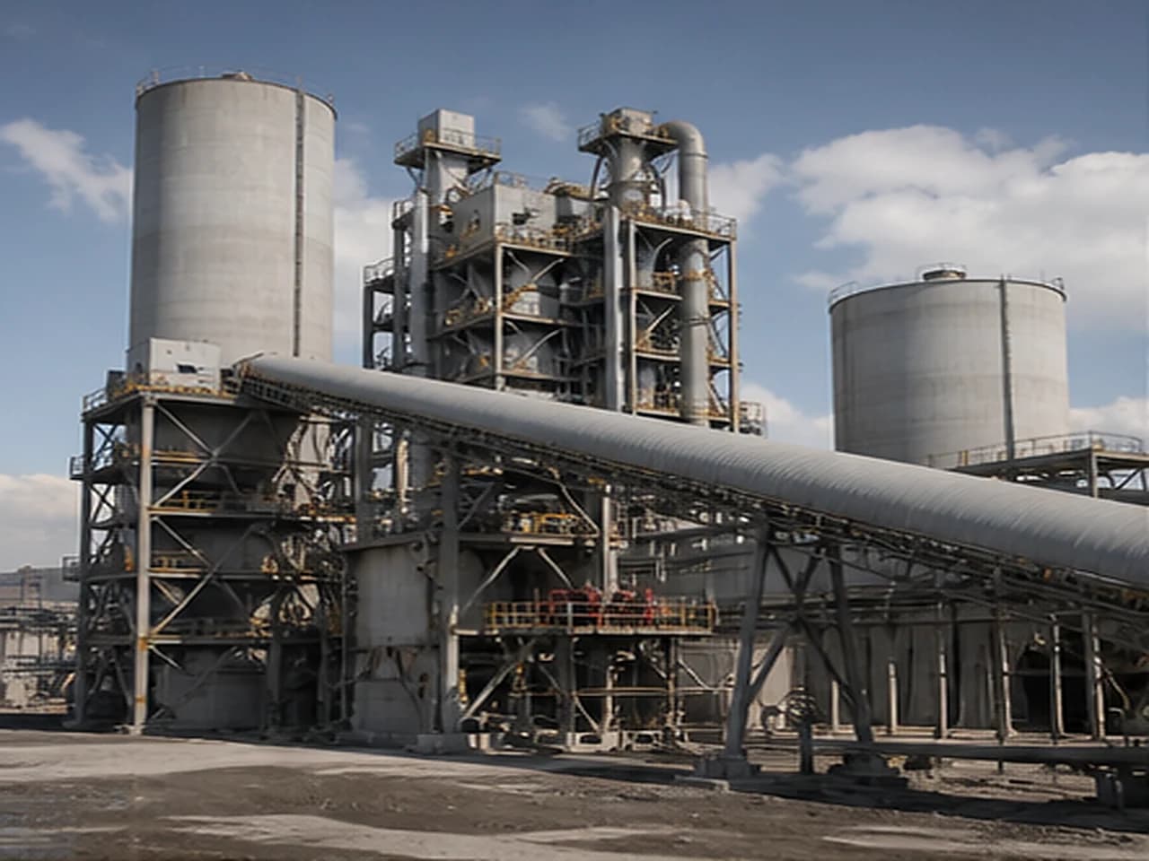 Cement plant with conveyors and storage silos
